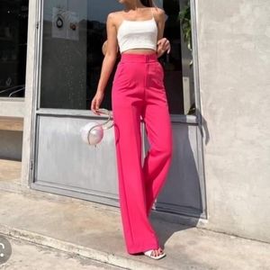 Zara high waisted dress pants wide leg full length trousers sz XS hot pink